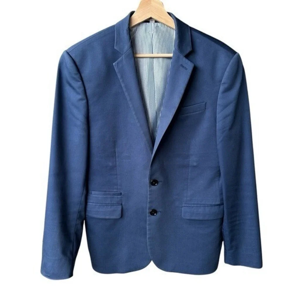 Express Suit Set Pants Blazer Blue Photographer Fitted Preppy Sz 38 Short 30/32